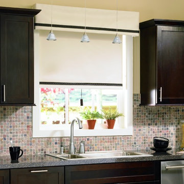 Custom Roller Shades Featuring a Leather Trim Top Treatment