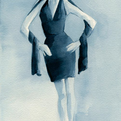 Fashion Illustration Art Print Woman In Blue Dress Front - Fine Art Prints