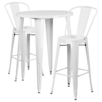 30" Round White Metal Indoor-Outdoor Bar Table Set With 2 Cafe Barstools