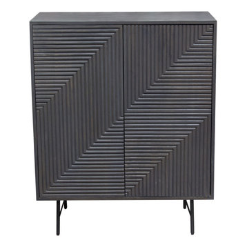 Neo 2-Door Solid Mango Wood High Cabinet, Smoke Gray, Gun Metal Finished Base