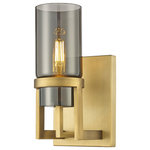Innovations Lighting - Utopia 1 Light 8" Wall-mounted Sconce, Brushed Brass, Plated Smoke Glass - Modern and geometric design elements give the Utopia Collection a striking presence. This gorgeous fixture features a sharply squared off frame, softened by a round glass holder that secures a cylindrical glass shade.