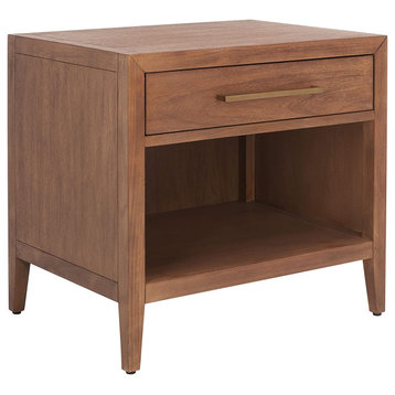 Contemporary Nightstand, Drawer With Bar Pull Handle & Lower Shelf, Brown