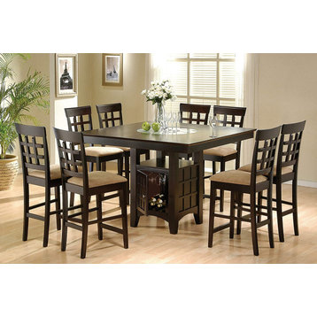 9 Pieces Counter Dining Set, Table With Frosted Glass Lazy Suzan & Wine Rack