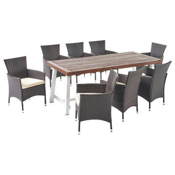 Paula Outdoor Wood and Wicker 8 Seater Dining Set, Dark Brown, White, Multibrown