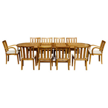11-Piece Oval Teak Wood Boston Table/Chair Set With Cushions