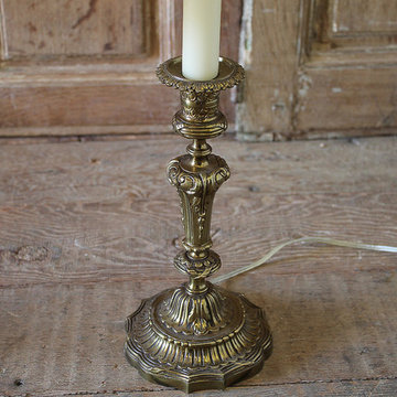 Pair of Brass Candlestick Lamps with Parchment Shades