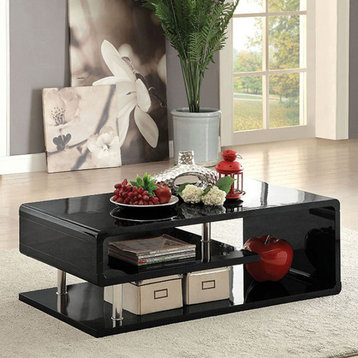 Wooden Coffee Table With Curling Shelf And Metal Poles, Black
