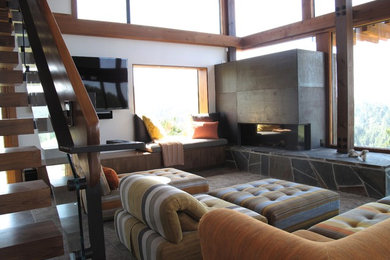 Inspiration for a mid-sized eclectic formal and open concept carpeted living room remodel in San Francisco with white walls, a ribbon fireplace, a metal fireplace and a wall-mounted tv