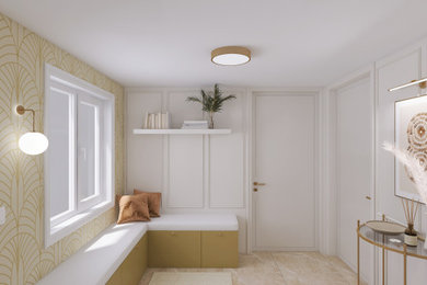 Idée de décoration pour un hall d'entrée minimaliste de taille moyenne avec un sol en marbre, une porte blanche, un sol marron et du papier peint.