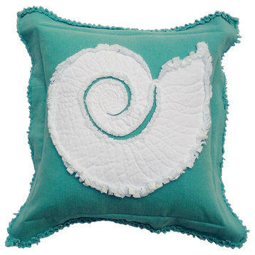 Coastal Frayed Edge Euro Pillow, Caribbean Blue, White Nautilus