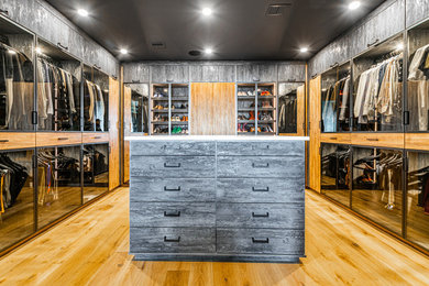 Diseño de armario vestidor unisex contemporáneo grande con armarios con paneles lisos, puertas de armario de madera oscura, suelo de madera en tonos medios y suelo marrón