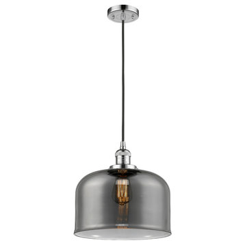 1-Light Large Bell 12" Pendant, Polished Chrome, Glass: Plated Smoked