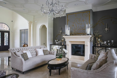 Inspiration for an expansive traditional formal open concept living room in Raleigh with a standard fireplace, beige floor, white walls, marble floors, a stone fireplace surround, no tv and coffered.