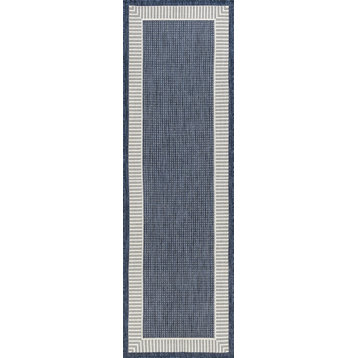 Elgin Transitional Striped Border Navy/Cream Indoor/Outdoor Runner Rug, 2.7'x10'
