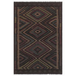 Bareens Designer Rugs - Bohemian Turkish Kilim Sharyl Hand-Woven Wool Rug - 5'4'' x 8'0'' - Elevate the elegance of your home with this stunning hand-woven tribal Kilim wool rug. Meticulously crafted on a loom by the Nomad Turkman people using hand-spun wool and 100% natural vegetable dyes, these rugs are recognized for their repetitive geometric patterns, incorporating naturalistic floral and traditional designs. The contemporary fashion palette results in bold, sharp patterns that are incredibly versatile, as the pattern is the same on both sides. These reversible rugs feature a lighter shade on one side and brighter colors on the other, providing versatility according to preference. These unique rugs are made by knotting short strands of different colors onto the warps and securing them by tightly pressing the wefts. The designs are created by interweaving the various colored wefts and warps. Kilims are known for their exceptional durability and versatility, making them truly unique rugs.  Product Details    Rug Size: 5'4'' x 8'0''  Material: 100% Wool  Style: Kilim, Flat Weave, Dhurrie, Turkish, Southwestern, Rustic, Tribal  Colors: Black, Green  Weave Type: Hand-Woven, Handmade  Pile Height: Less than 0.25 inch