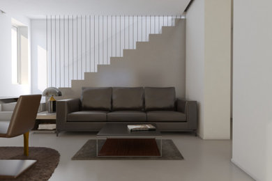 Immagine di un piccolo soggiorno minimal aperto con pareti bianche, pavimento in cemento, pavimento grigio e soffitto ribassato