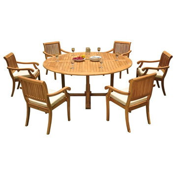 7-Piece Outdoor Teak Dining Set, 72" Round Table, 6 Arbor Stacking Arm Chairs