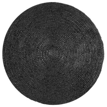Farmhouse Area Rug, Braided Natural Jute Fibers With Round Shape, Black, 7'