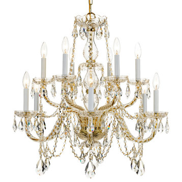 Traditional Crystal 12 Light Clear Crystal Brass Chandelier