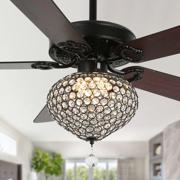 52" Silver Crystal Ceiling Fan with Reversible Motor with Remote LED Light, Black