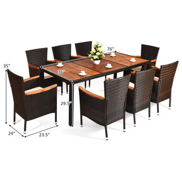 9PCS Patio Rattan Dining Set  8 Chairs Cushioned Acacia Table Top