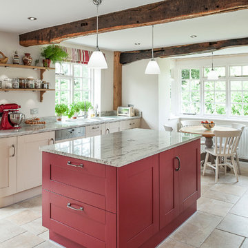 Cottage kitchen accented with red