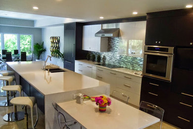 Example of a ceramic tile kitchen design in Orlando with flat-panel cabinets, white cabinets, quartzite countertops, multicolored backsplash, stainless steel appliances and an island