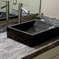 Black Marble Trough Vessel Sink & Black Finger Tile - Bathroom Sinks