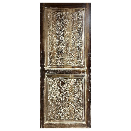 Consigned Floral Carved Sliding Barn Door Vintage Whitewash Wood Door 77