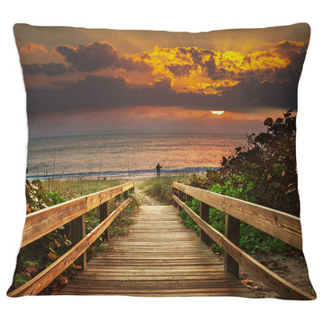 Long Wooden Stairs into the Sea Bridge Throw Pillow, 18"x18"