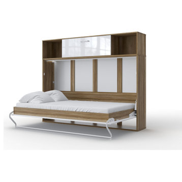 Contempo Horizontal Wall Bed, Double XL Size with a cabinet on top, Oak Country/White