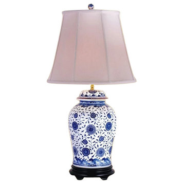 Chinese Blue and White Porcelain Temple Jar Floral Vine Motif Table Lamp 33"