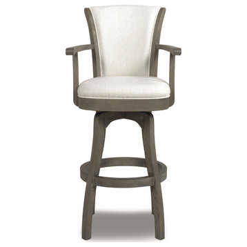 Williams Swivel Bar and Counter Stool with Armrests, Natural White Linen, Bar Height