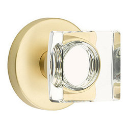 Square Crystal Knob on Satin Brass Disk Rosette by Emtek - Doorknobs