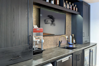 Minimalist galley wet bar photo in Other with an integrated sink, shaker cabinets, dark wood cabinets and mosaic tile backsplash
