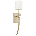 Capital Lighting - Capital Lighting Karina 1 Light Sconce, Winter Gold - Part of the Karina Collection, this 1-light sconce sheds light on the soft modern glam aesthetic. An arm with a distinctive, tapered curve punctuated by a square crystal accent is the hallmark element setting this wall sconce apart. Topped off by a cylindrical fabric shade, this bath light fixture offers clean, contemporary style. You might also try a pair of these sconces as bedside lamps.