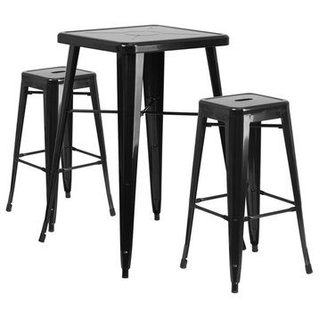 23.75" Black Metal Bar 3-Piece Table Set With 2 Seat Backless Stools