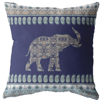 18" Navy Ornate Elephant Indoor Outdoor Zippered Throw Pillow