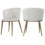 MOD - The Almar Dining Chair,  Set of 2, White Vegan Leather, Brushed Gold Iron Legs - Enhance your decor with the Skylar white vegan leather dining chair, due to its petite silhouette and artistic style. A soft round cushion and gently curving cushioned back give this chair an ageless quality that belies its contemporary design. A brushed gold base is supported by four tapering gold legs, and it weighs only 11 pounds overall. Easily paired with any of several available tables, this chair is equally well-suited to use in a conversation grouping.