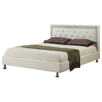 Best Master Faux Leather Queen Platform Bed with Crystal Tufted Buttons in White