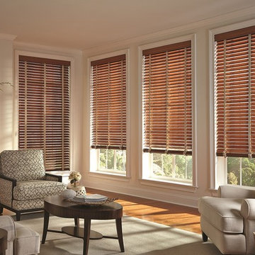 Traditional Living Room with Fireplace | Premium Wood Blinds
