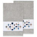 Linum Home Textiles - Khloe 2 Piece Embellished Bath Towel Set - The KHLOE Embellished Towel Collection features a mod geometric grid embroidery on a woven textured border.