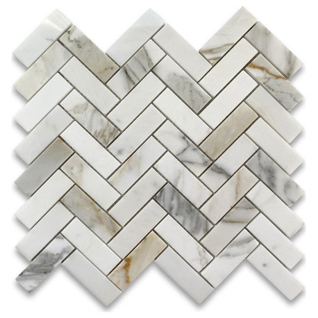 Calacatta Gold Calcutta Marble 1x3 Herringbone Mosaic Tile Polished, 1 sheet