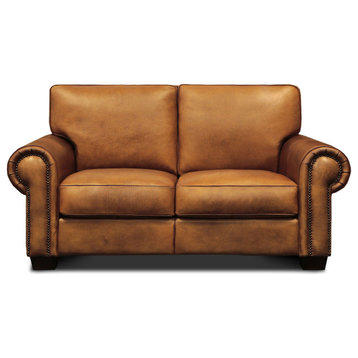 Valencia 100% Top Grain Hand Antiqued Leather Traditional Loveseat, Tan
