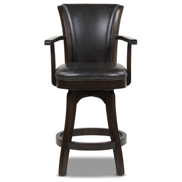 Williams Swivel Bar and Counter Stool with Armrests, Vintage Black Brown Faux Leather, Counter Height