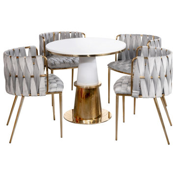 5-Piece Vanessa Dining Set, Gold/White Table, Gray Chairs
