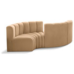 Meridian Furniture - Arc Velvet Upholstered 4-Pc. Facing Modular Sectional, Camel - Give your living room or den the perfect blend of style and versatility with this Arc velvet fabric curved modula Sectionalr. Part of the Arc modular furniture collection, this chair comes upholstered in rich camel velvet fabric and features deep channel tufting that adds a touch of luxury while enhancing comfort and support. A seamless combination of form and function, this chair can be used with other Arc pieces to create a myriad of configurations in your well-curated room.