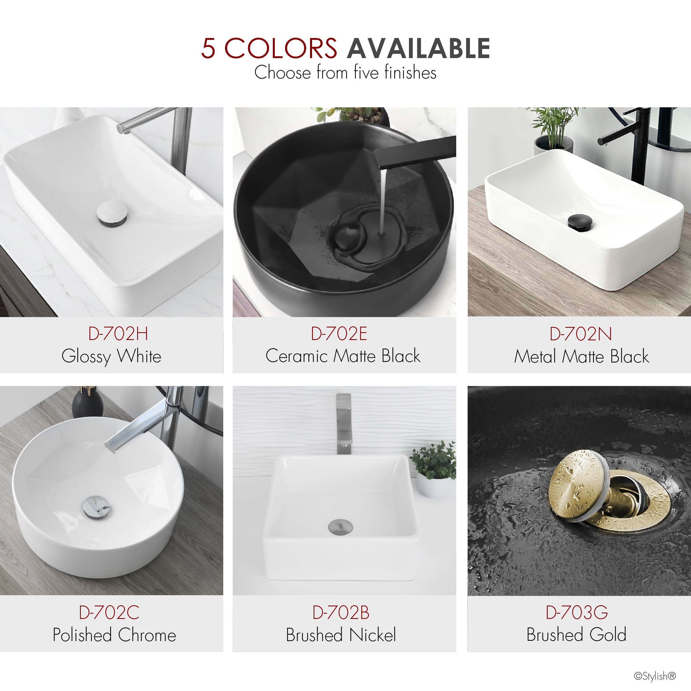 STYLISH Vessel Sink Pop-Up Drain with white ceramic cap without overflow