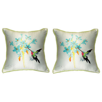 Pair of Betsy Drake Blue Hummingbird Small Pillows 12 Inch X 12 Inch