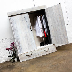Jenna Reclaimed White Washed Scaffolding Wardrobe with Vintage Brass Handles - Wardrobe Storage Solutions